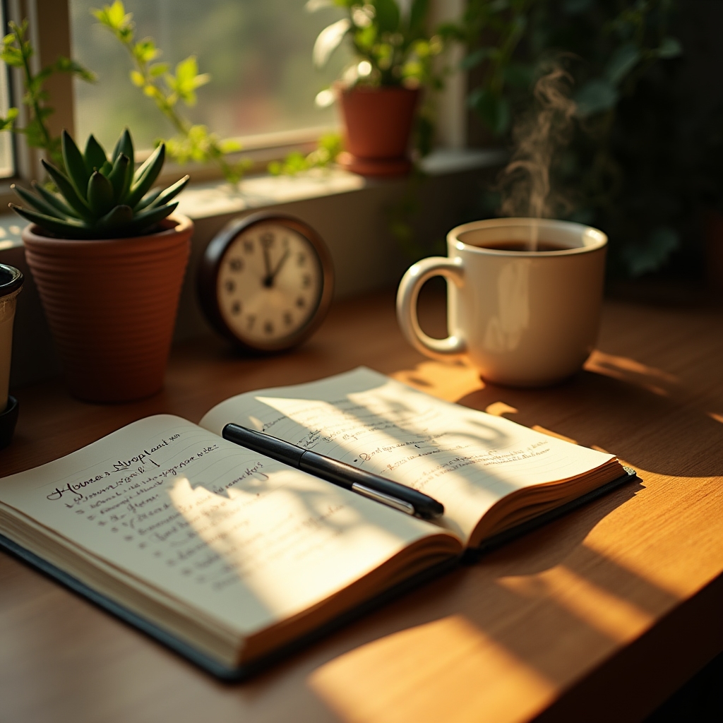 A clean desk setup representing a structured morning routine