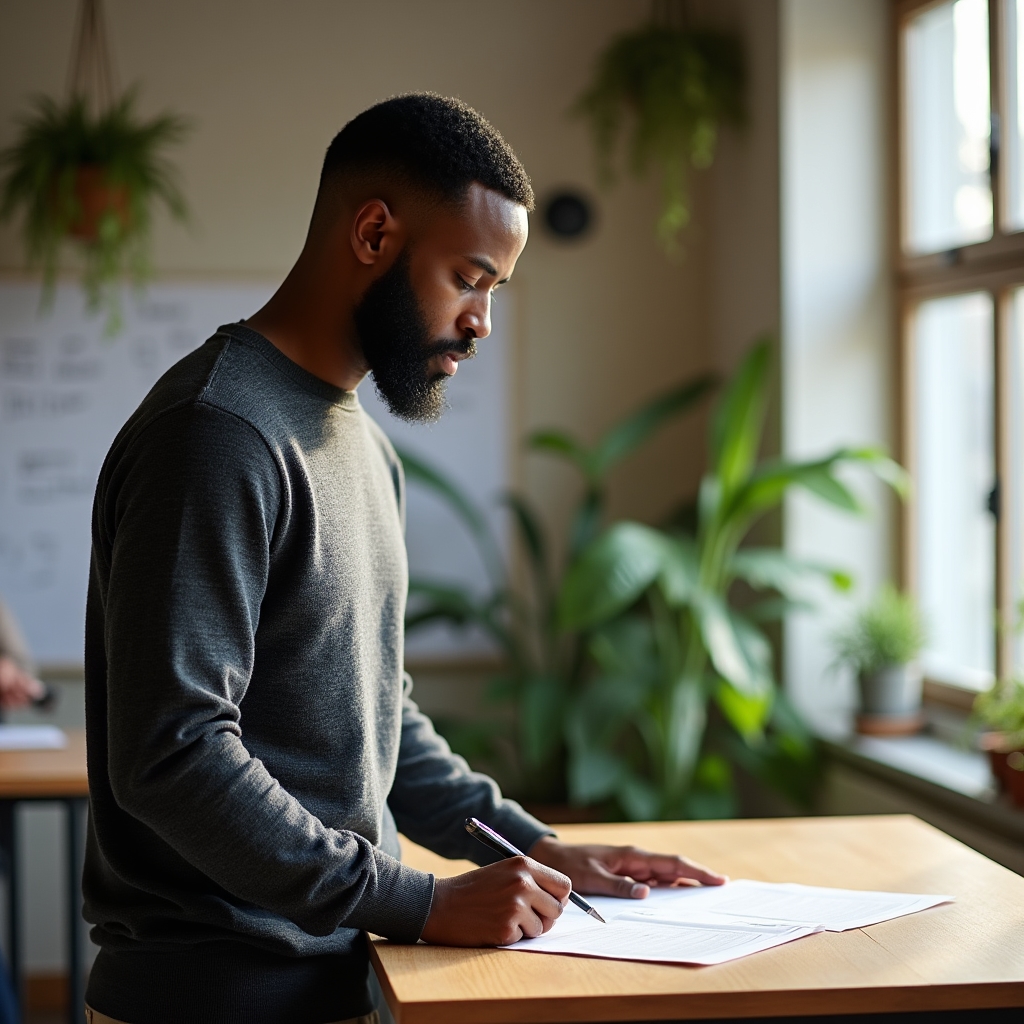 Finance habits module creator, a man in his mid-30s reviewing course materials at a standing desk