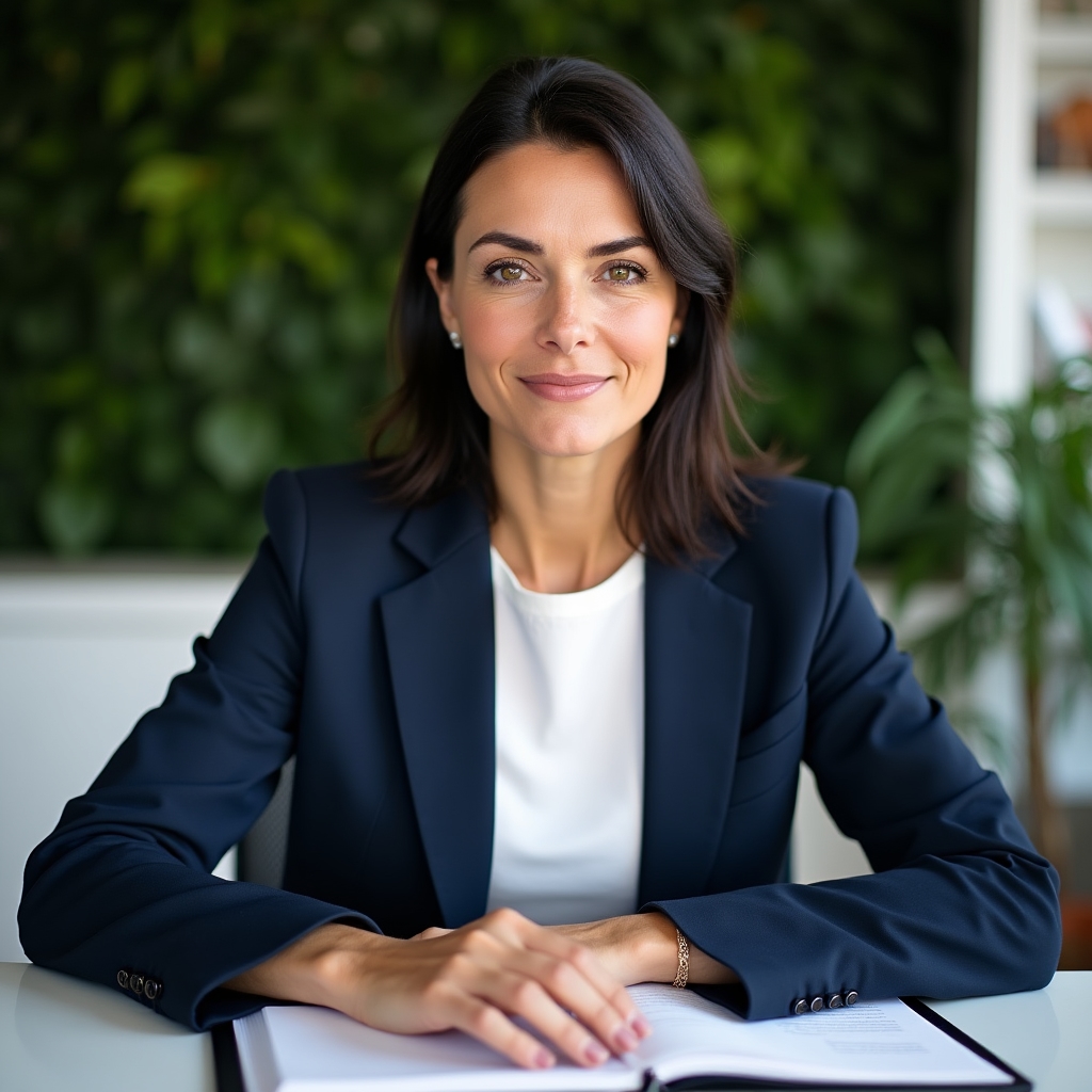 Lead instructor, a woman in her early 30s with focused expression, in a modern office environment